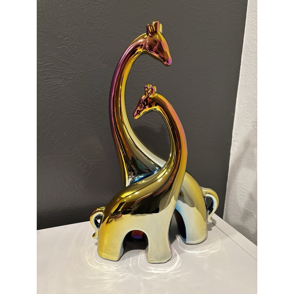 Multi-colored Ceramic Giraffe Sculpture w Rainbow Shimmer Finish 9" x 5" x 15"